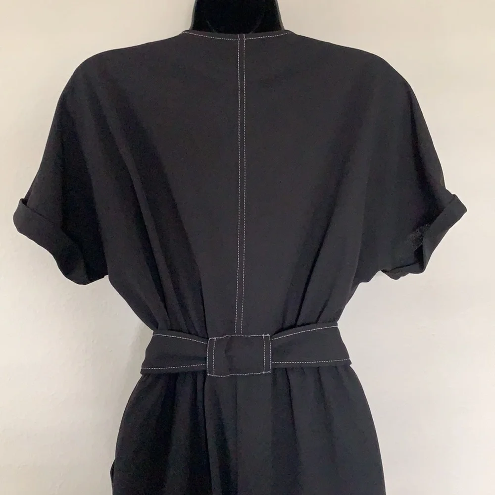 Lush Black Contrast Stitch Button Front Short Sleeve Tie Waist Jumpsuit - Picture 10 of 12